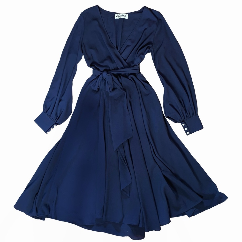 Meghan LA LilyPad Maxi Wrap Dress Navy Blue Womens size L